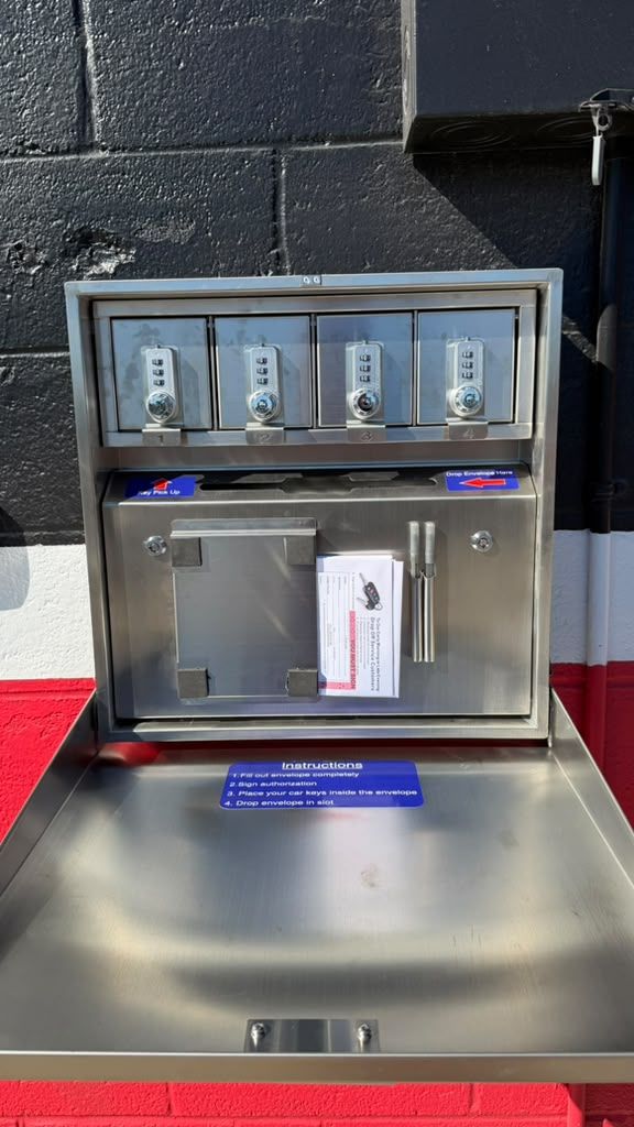 Drop box opened: envelope slot and key pickup lockers
